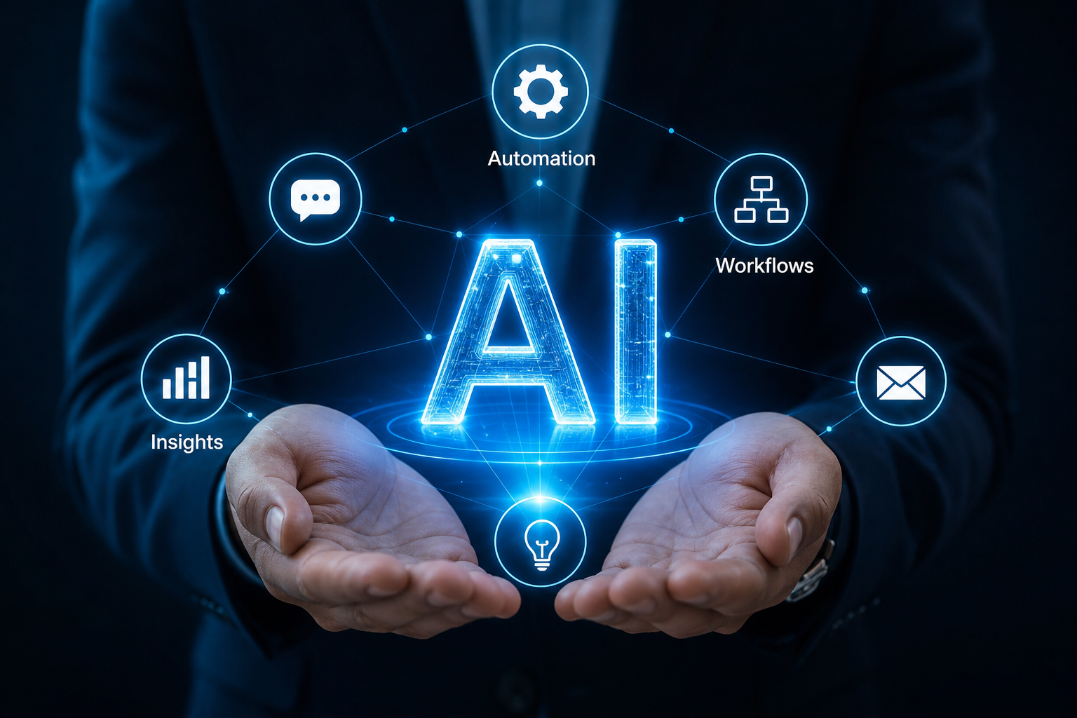 Hands holding AI icons and data visualisations