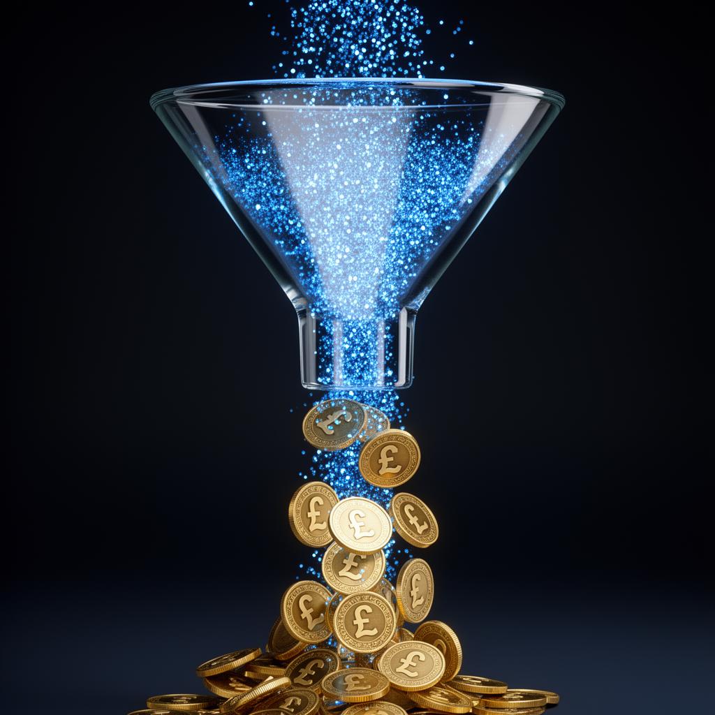 Glowing sales funnel converting visitors into gold coins