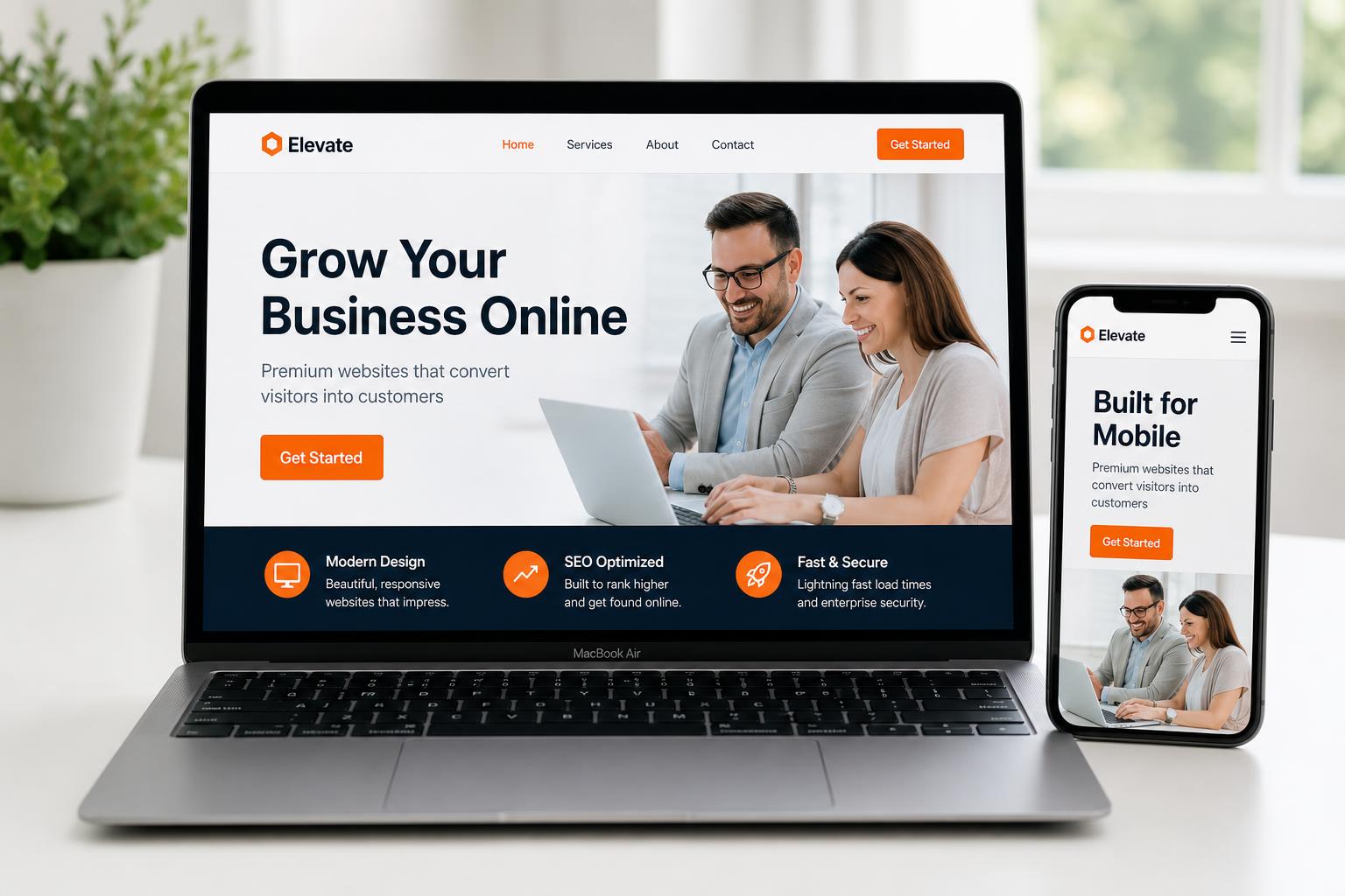 Premium website design shown on a laptop and phone