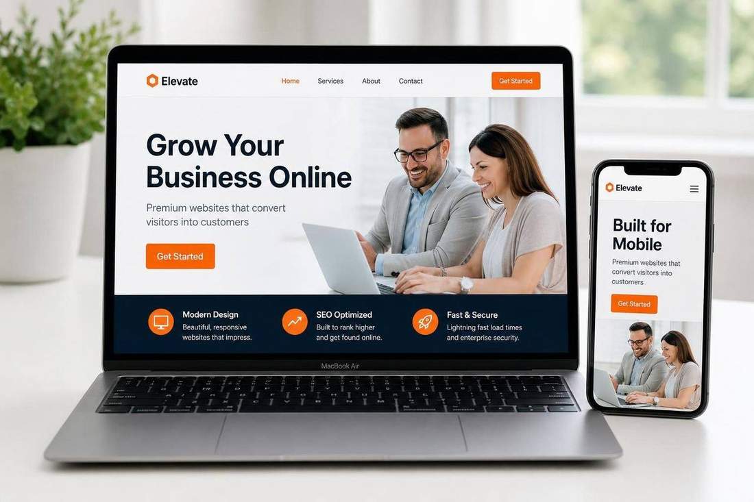 Premium website design shown on a laptop and phone